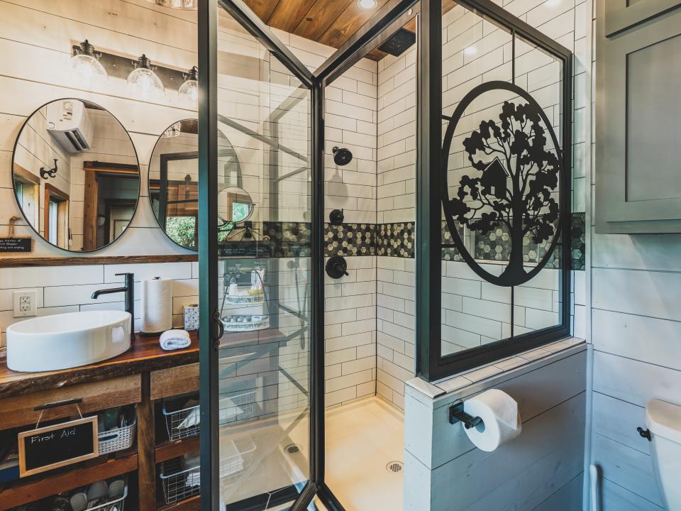 One of the bathrooms in the shipping container treehouse.