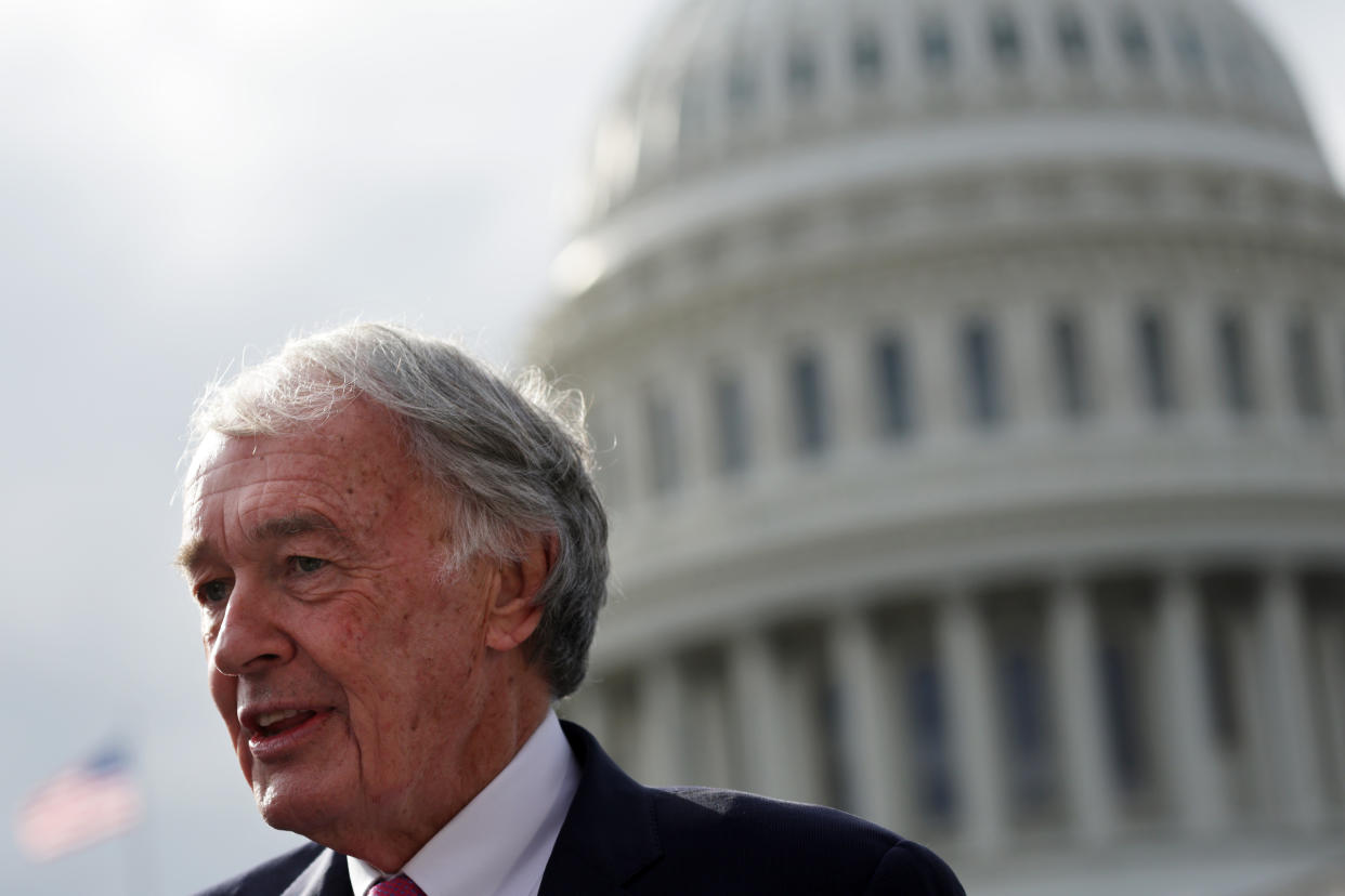 Senator Ed Markey speaks during an event in front of the Capitol.