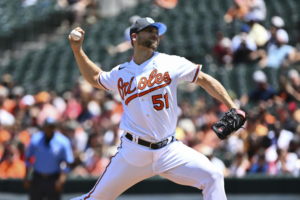 Baltimore Orioles starting pitcher Austin Voth (51) throws during the first inning of a baseball game against the Tampa Bay Rays, Sunday, June 19, 2022, in Baltimore. (AP Photo/Terrance Williams)