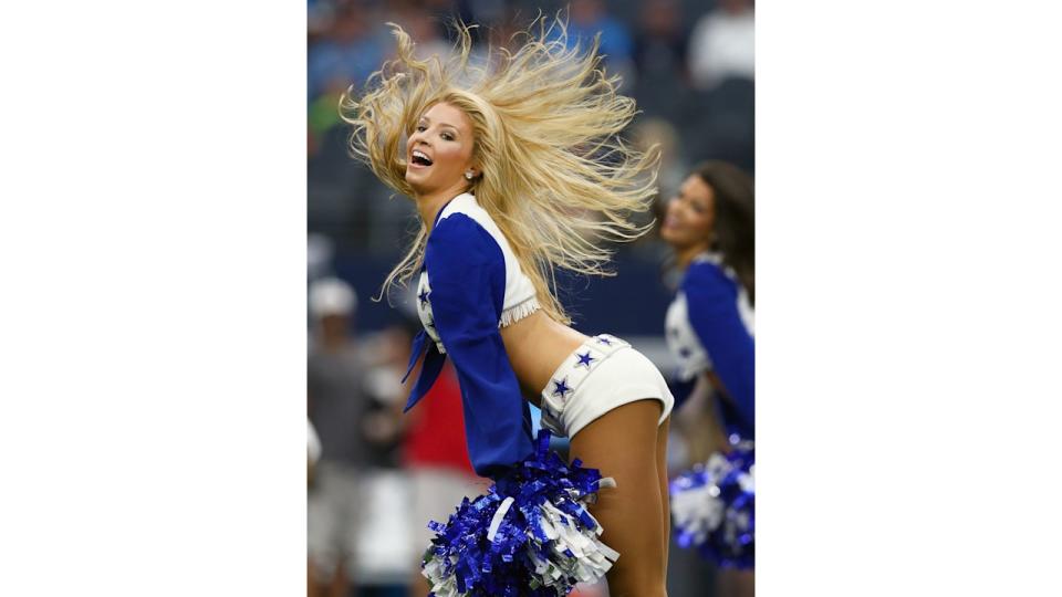 ARLINGTON, TX - SEPTEMBER 27:  The Dallas Cowboys Cheerleaders perform as the Dallas Cowboys take on the Atlanta Falcons at AT&T Stadium on September 27, 2015 in Arlington, Texas.  (Photo by Tom Pennington/Getty Images)