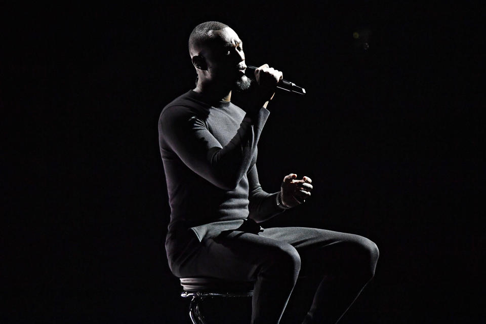 LONDON, ENGLAND - FEBRUARY 18: (EDITORIAL USE ONLY) Stormzy performs during The BRIT Awards 2020 at The O2 Arena on February 18, 2020 in London, England. (Photo by Gareth Cattermole/Getty Images)