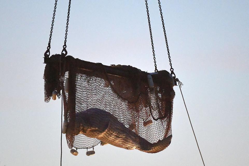 Rescuers pull up a net after they rescued a beluga whale stranded in the River Seine to bring it into a truck to drive it towards Ouistreham (Calvados), at Notre Dame de la-Garenne, northern France, on August 10, 2022. - French marine experts launched an ambitious operation on August 9 to rescue an ailing beluga whale that swam up the Seine river, to return it to the sea. The four-metre (13-foot) cetacean, a protected species usually found in cold Arctic waters, was spotted a week ago heading towards Paris, and is now some 130 kilometres inland.