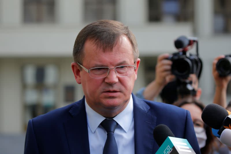 State Secretary of the Security Council of Belarus Andrei Ravkov speaks to the media in Minsk