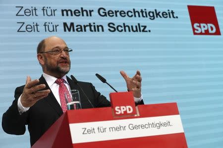 New Social Democratic Party (SPD) leader Martin Schulz addresses a news conference at their party headquarters in Berlin, Germany, January 30, 2017. REUTERS/Fabrizio Bensch