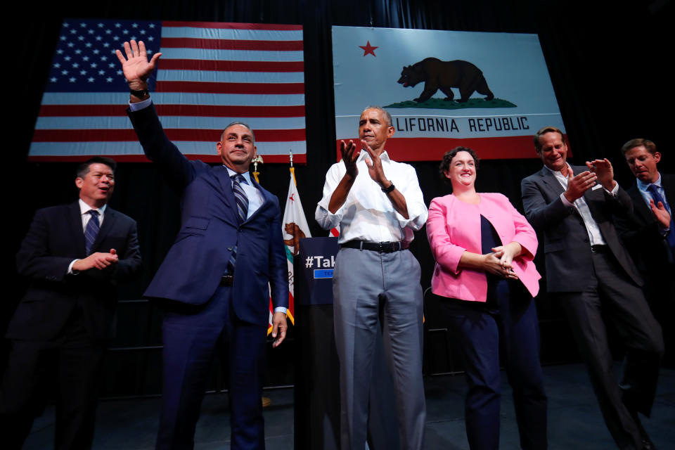 Former President Barack Obama at a rally for California Democratic candidates in Anaheim, Calif., on Sept. 8. The candidates, from left: TJ Cox (CA-21), Gil Cisneros (CA-39), Katie Porter (CA-45), Harley Rouda (CA-48) and Mike Levin (CA-49). (Photo: Mike Blake/Reuters)