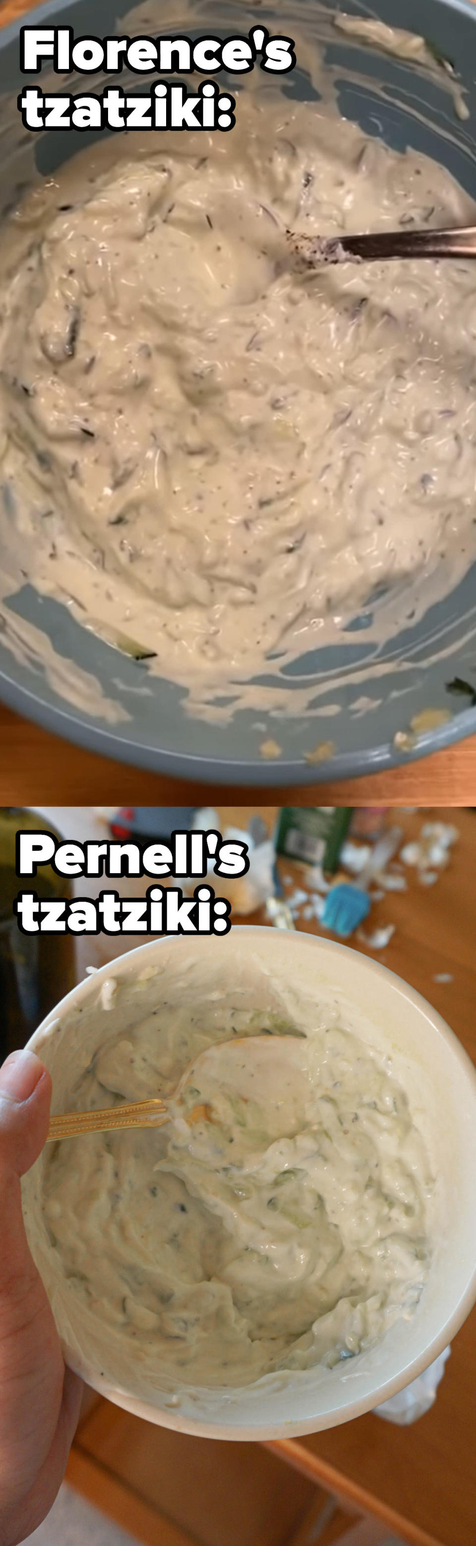 Florence Pugh's tzatziki next to the writer's tzatziki