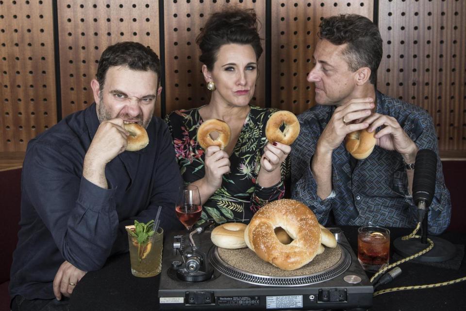 The bagel bunch: from left to right, Paul Noble, Grace Dent and Jeremy Healy at Spiritland in King's Cross, where they are throwing a two-day party with Tanqueray next month: Daniel Hambury