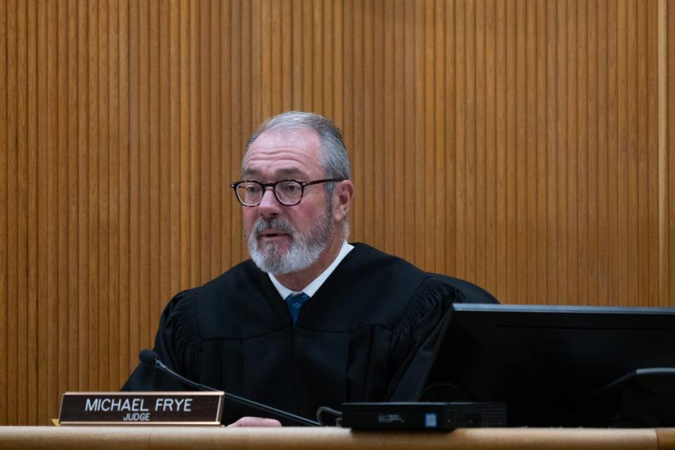 San Luis Obispo Superior Court Judge Michael Frye oversees the preliminary hearing against Nate Abate in San Luis Obispo Superior Court on Aug. 29, 2023.