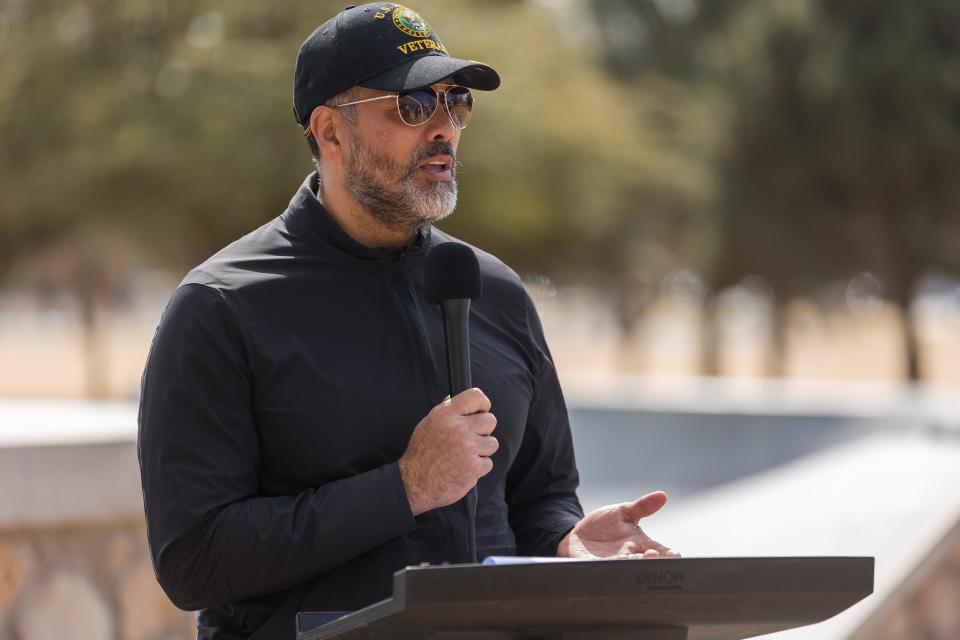 El Paso City Manager Tommy Gonzalez speaks at the grand opening celebration for Dick Shinaut Skate Park's improvement project on Saturday, March 11, 2023.