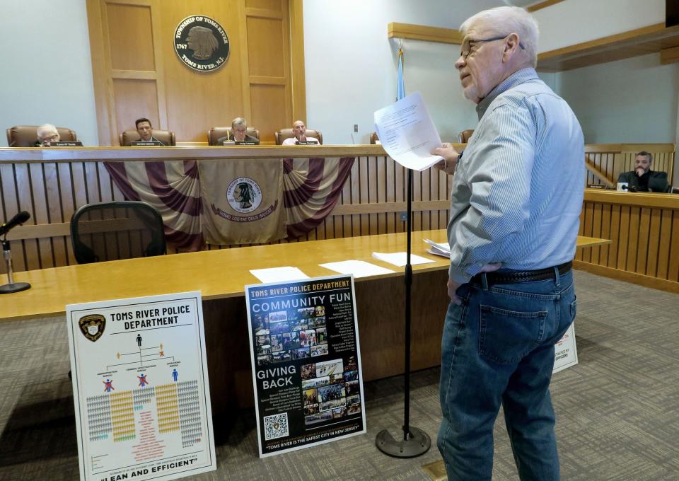 Retired Toms River Police Captaun Jeff Kettig speaks during the Toms River Council meeting Wednesday, February 14, 2024, where they were considering an ordinance which cuts two captain's jobs and one patrol officer. Mayor Dan Rodrick said he has already eliminated the need for the council to vote on the ordinance by already making the changes in the department.