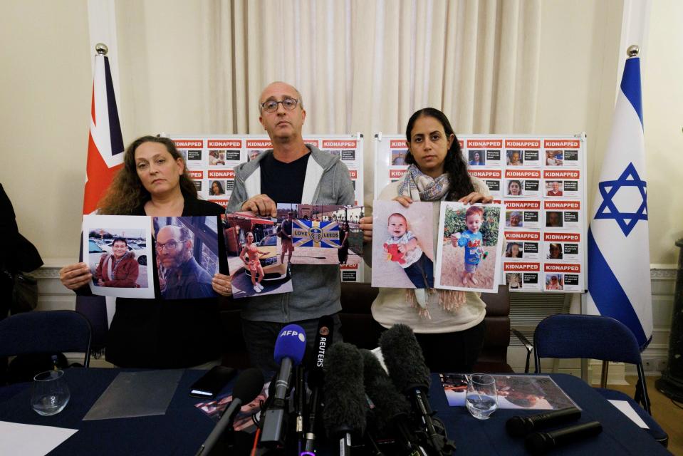 (L-R) British-Israeli Ayelet Svatitzky whose mother and brother were taken hostage from Kibbutz Nirim, British-Israeli David Barr whose sister-in-law Naomi was murdered on her morning run and British-Israeli Ofri Bibas Levy whose brother Jordan was taken hostage (PA)