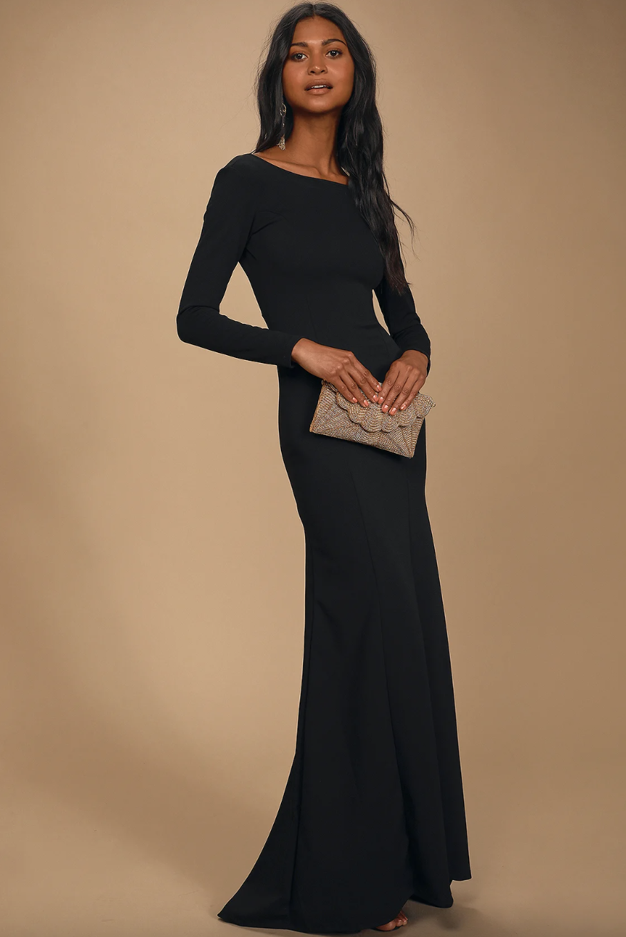 model wearing long sleeve black maxi dress, Wait For Me Black Long Sleeve Maxi Dress (Photo via Lulus)