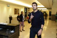 <p>Mats Hummels of FC Bayern Muenchen gestures as he arrives at Jet Quay Private Terminal </p>