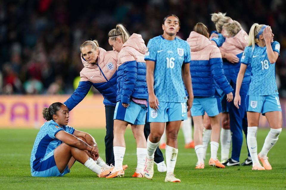 England Manager, Sarina Wiegman, comforts England's Lauren James (left) following their defeat in the FIFA Women's World Cup final match at Stadium Australia, Sydney. Picture date: Sunday August 20, 2023.