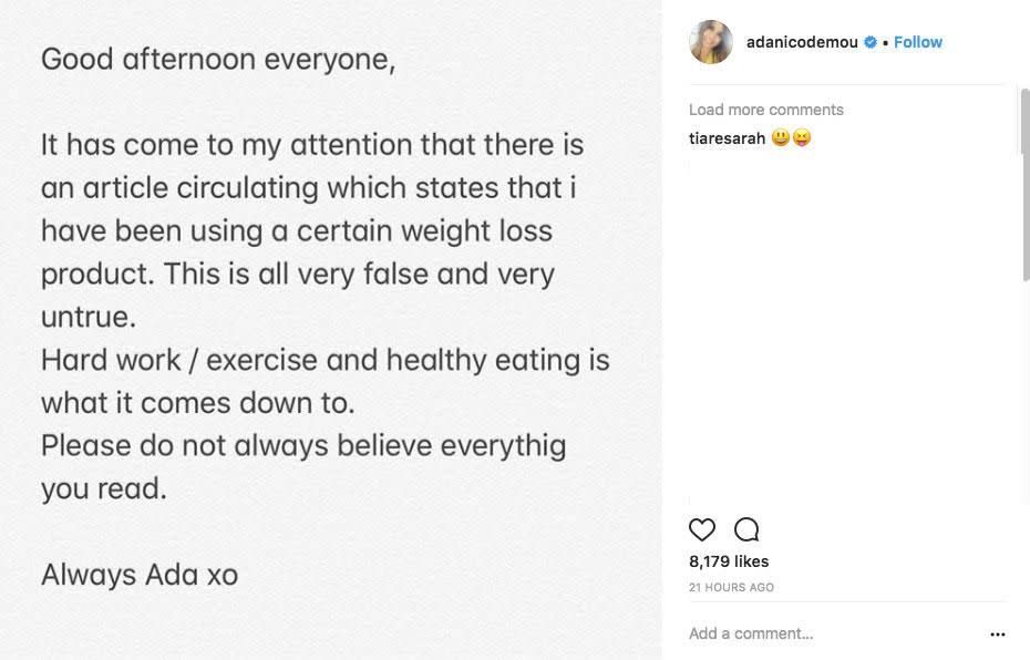 Ada has taken to social media to distance herself from the advert circulation online that claims she uses their diet pills. Source: Instagram/AdaNicodemou