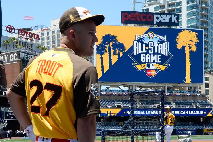 Mike Trout is ready for the All-Star game. (Photo by Denis Poroy/Getty Images)