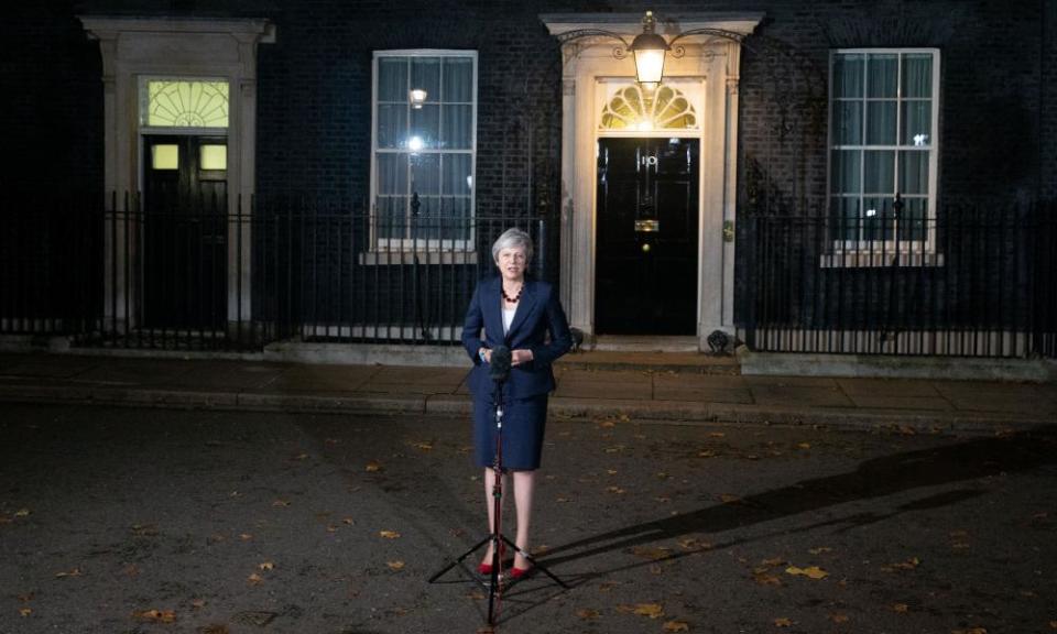Prime Minister Theresa May makes a statement in Downing Street after a cabinet meeting that lasted nearly five hours. 
