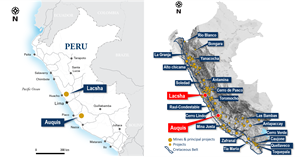 Project Location Map (left) and locations of operating mines & exploration projects (right), highlighting the Cretaceous mineral belt, the newly acquired Auquis copper project, and the Company’s recently acquired Lacsha copper project.