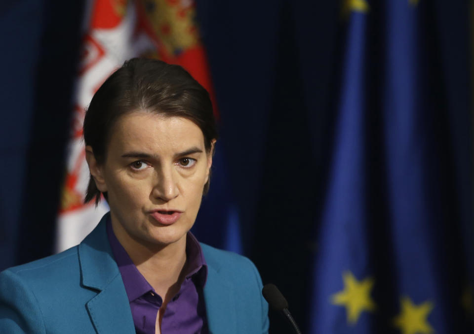 In this photo taken Friday, Sept. 15, 2017, Serbia's Prime Minister Ana Brnabic speaks during a press conference in Belgrade, Serbia. The office of Serbia's openly gay premier Ana Brnabic says her partner has given birth to a baby boy. A brief statement says the delivery on Wednesday, Feb. 20, 2019 went well and both the mother Milica Djurdjic and the baby are "doing fine." (AP Photo/Darko Vojinovic)