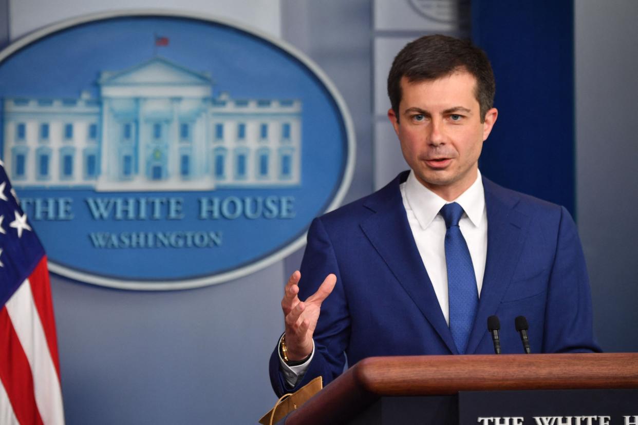 Transportation Secretary Pete Buttigieg speaks in the Brady Briefing Room during the daily White House briefing on May 12, 2021, in Washington, D.C.