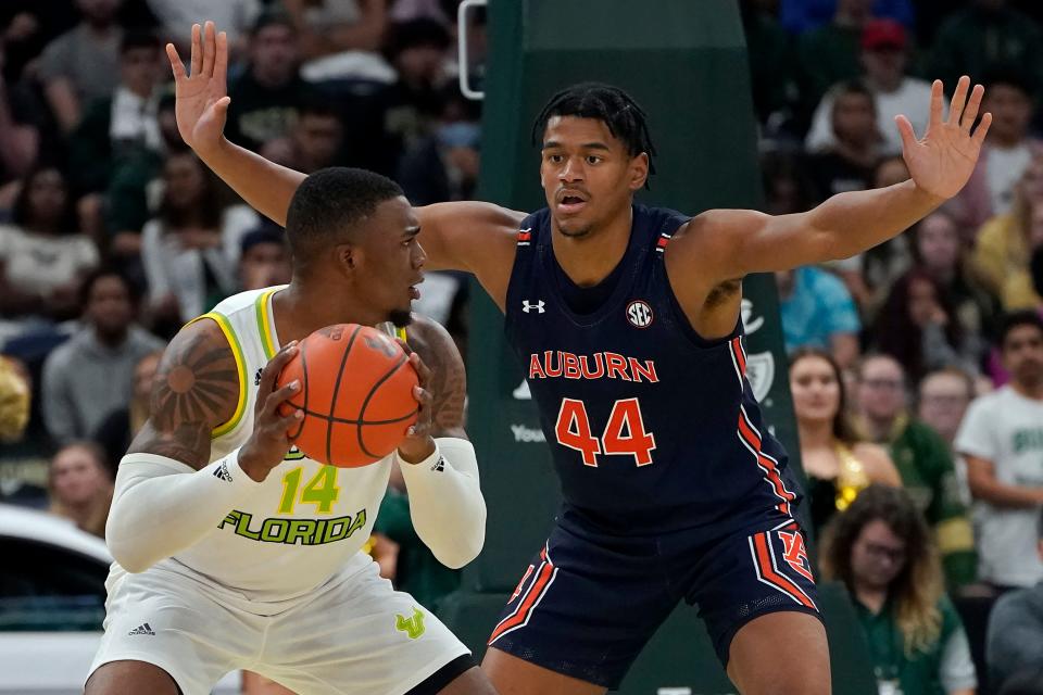 South Florida forward Bayron Matos (14) works against Auburn center Dylan Cardwell (44) during the second half of an NCAA college basketball game Friday, Nov. 19, 2021, in Tampa, Fla. (AP Photo/Chris O'Meara)