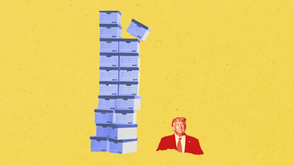 Photo illustration of Donald Trump next to two piles of boxes.