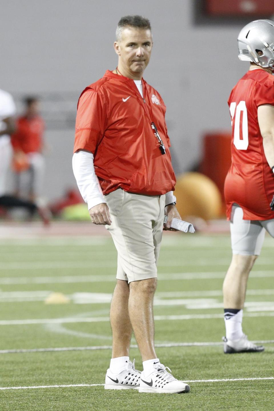 Ohio State head coach Urban Meyer watches his team during spring NCAA college football practice Tuesday, March 7, 2017, in Columbus, Ohio. (AP Photo/Jay LaPrete)