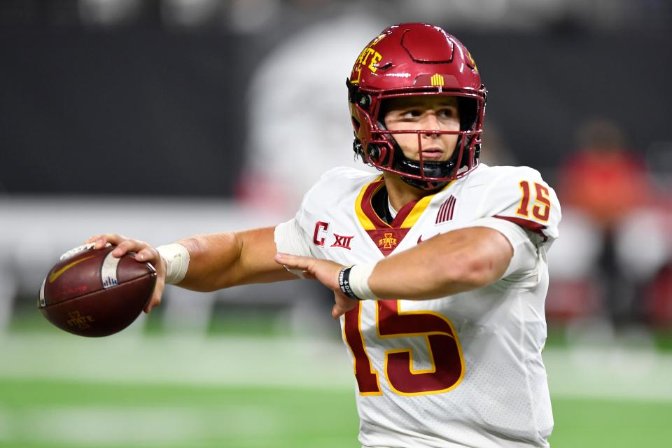 Iowa State quarterback Brock Purdy (15) throws against the UNLV Rebels during the first half of a game at Allegiant Stadium on September 18, 2021 in Las Vegas.