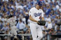 <p>Los Angeles Dodgers starting pitcher Rich Hill celebrates after the last out in the top of the first inning of Game 2 of baseball’s World Series against the Houston Astros Wednesday, Oct. 25, 2017, in Los Angeles. (AP Photo/Matt Slocum) </p>