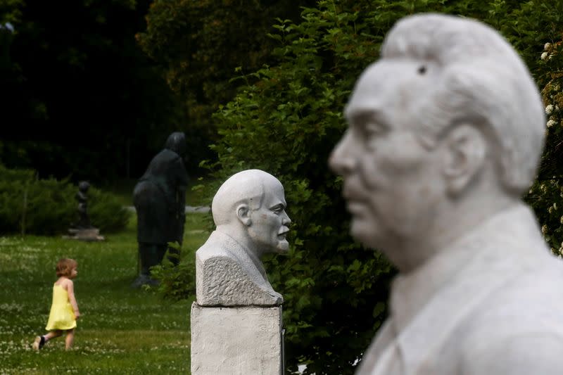 Busts of Soviet leaders Lenin and Brezhnev are on display in Moscow