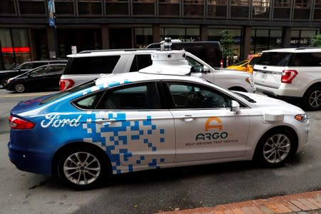 Argo Ai self driving prototype vehicle is seen outside a Ford and Volkswagen joint news conference in New York City