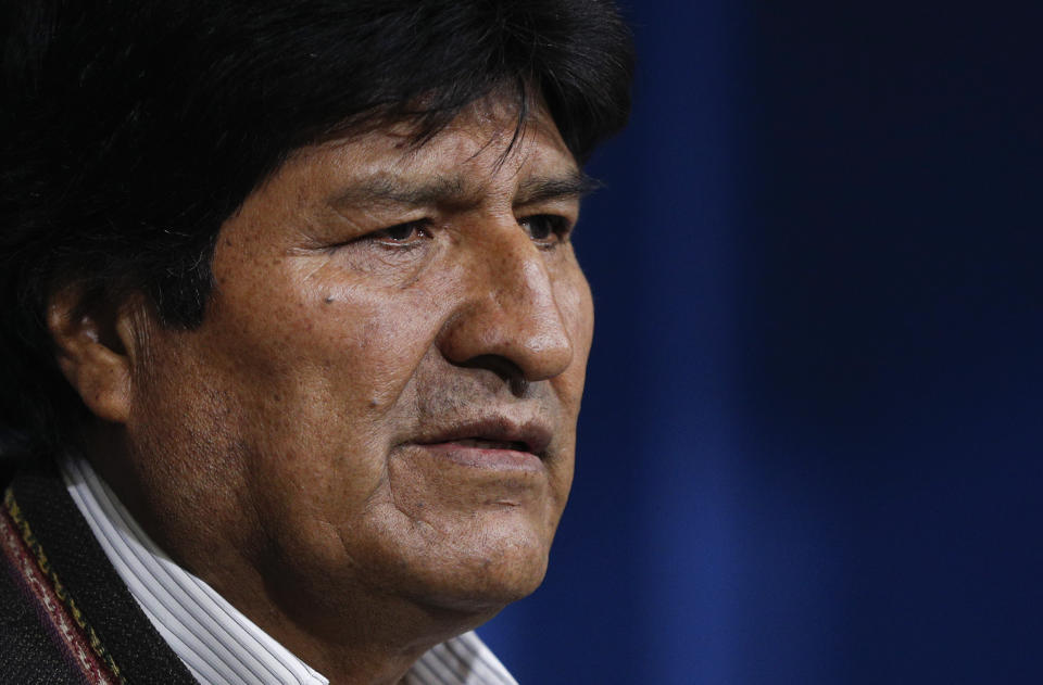 Bolivia's President Evo Morales looks on during a press conference in La Paz, Bolivia, Sunday, Nov. 10, 2019. Morales calls for new elections in Bolivia following the release of a preliminary report by the Organization of American States (OAS) that found irregularities in the October 20 vote. (AP Photo/Juan Karita)