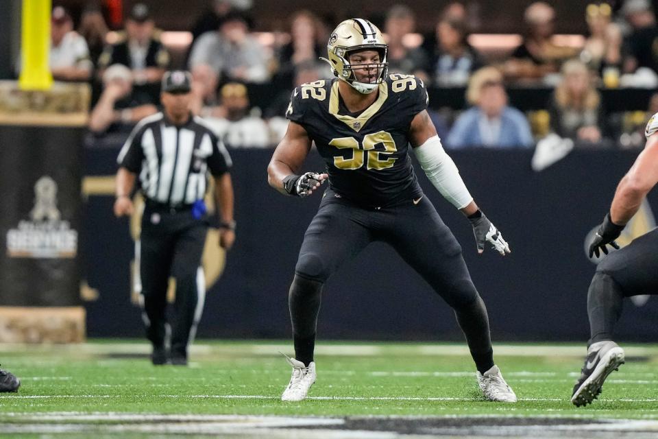 New Orleans Saints defensive end Marcus Davenport (92) in action in the first half of an NFL football game against the Baltimore Ravens in New Orleans, Monday, Nov. 7, 2022.