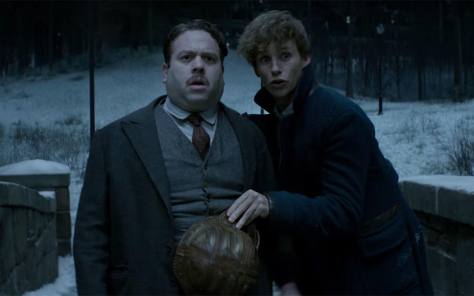 <p>When Newt chases one of his creatures through Central Park, the park is covered in snow and people are ice skating on a frozen pond. At any other time directly before or immediately after this scene and throughout the movie, there is no snow anywhere, and people are dressed for moderate weather. Credit: Warner Bros. </p>