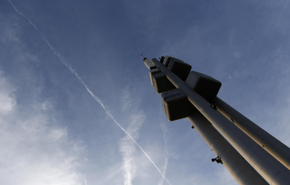 In this picture taken March 6, 2013, Zizkov television tower in Prague, Czech Republic. Following its completion in 1992, the 216-meter (236-yard) tall television tower in the Czech capital has become a dominant landmark of the city skyline that offers a breathtaking view of Prague from its restaurant and observation desk. (AP Photo/Petr David Josek)