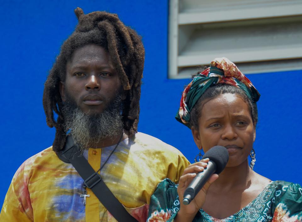 Syesha Mercado, right, and her husband, Khnum Sba, spoke at a rally on Aug. 22, 2021 organized by Black Lives Matter Manasota to bring attention to their efforts to win back custody of their infant son. He was reunited with the couple in October 2021.
