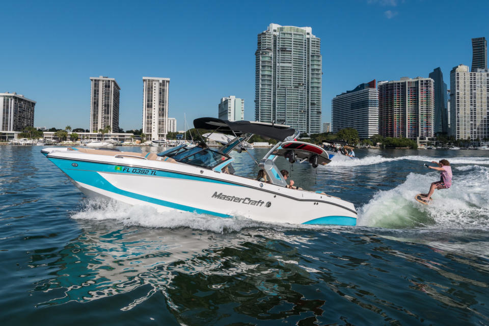 Park Bonifay behind a MasterCraft X24 wake boat in Miami