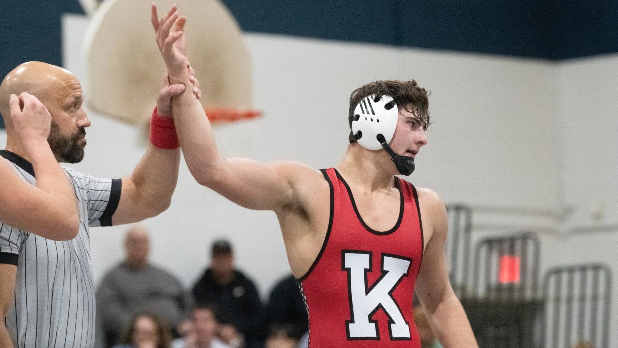 Kingsway's Luke Van Brill has his arm raised after defeating St. Augustine's Ron Kraus, 7-4, during the 190 lb. bout of the wrestling meet held at St. Augustine Preparatory School in Richland on Wednesday, January 18, 2023.  