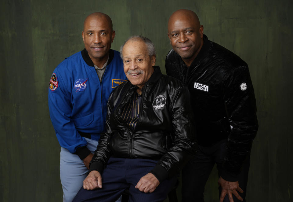 NASA astronauts Victor Glover, from left, Ed Dwight and Leland Melvin pose for a portrait to promote the National Geographic documentary film "The Space Race" during the Winter Television Critics Association Press Tour, Thursday, Feb. 8, 2024, at The Langham Huntington Hotel in Pasadena, Calif. (AP Photo/Chris Pizzello)