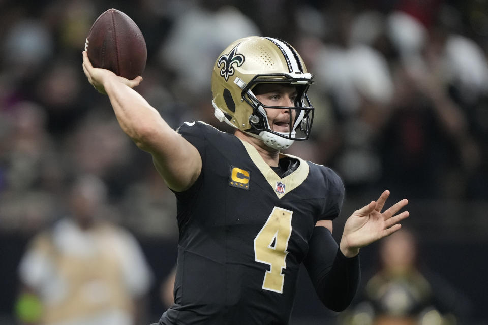 New Orleans Saints quarterback Derek Carr throws a pass in the second half of an NFL football game against the Tennessee Titans in New Orleans, Sunday, Sept. 10, 2023. (AP Photo/Gerald Herbert)