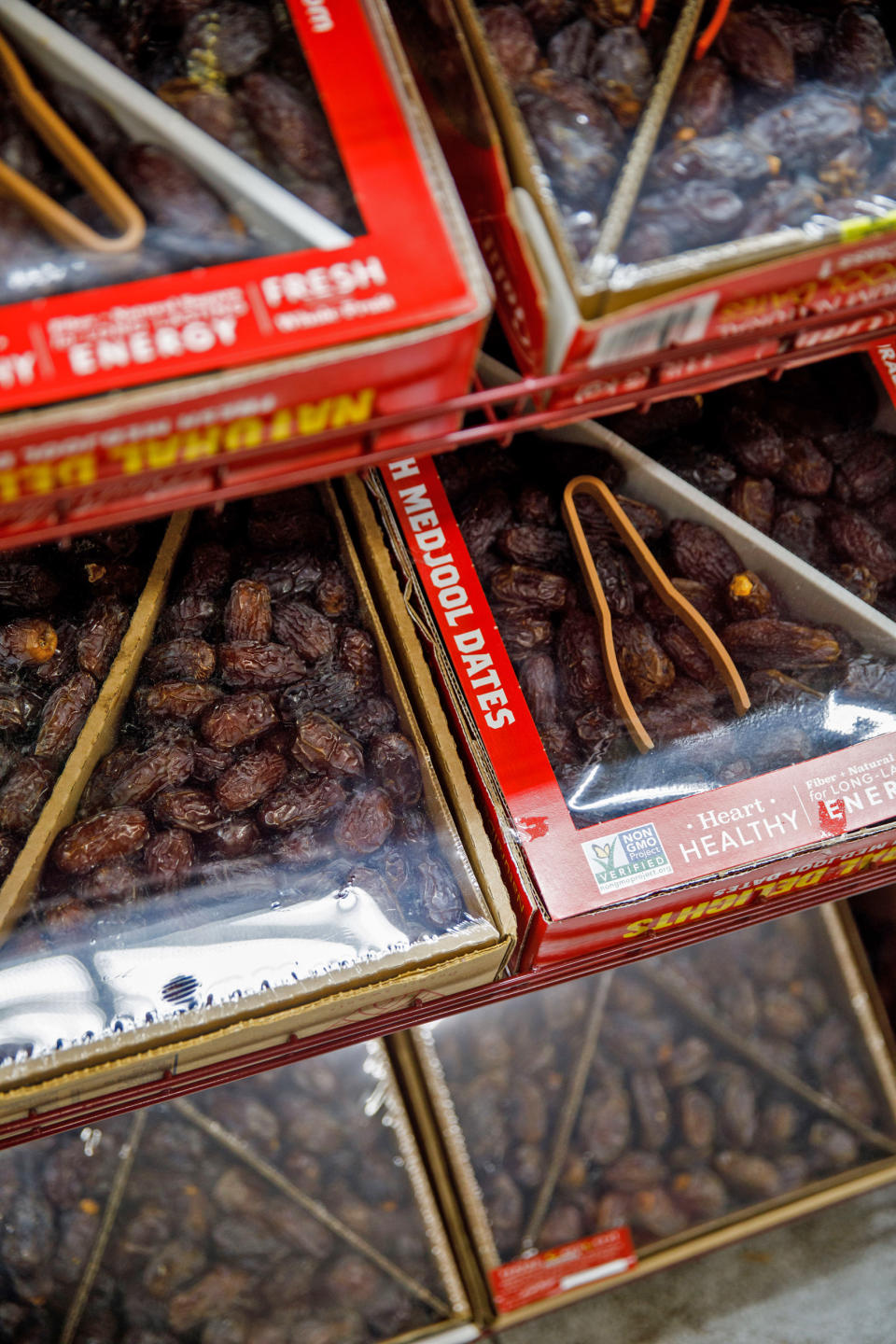 Boxes of dates, a fixture of nightly iftar meals during the holy month of Ramadan, are displayed in the halal grocery store Fertile Crescent in Brooklyn, N.Y., on May 5, 2021. (Julius Constantine Motal / NBC News)