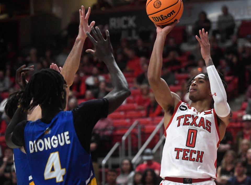 Texas Tech's guard Chance McMillian (0) shoots the ball against San Jose State in a non conference basketball game, Sunday, Nov. 12, 2023, at United Supermarkets Arena.