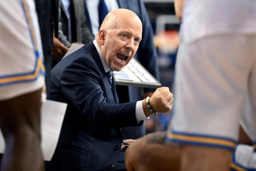 Los Angeles, California November 10, 2023-UCLA head coach Mick Cronin shouts instructs.