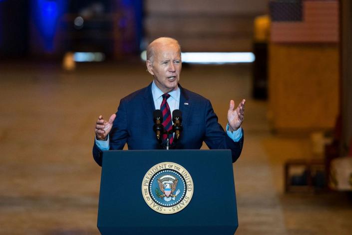 PHOTO: President Joe Biden speaks at a shipyard in Philadelphia, July 20, 2023. (Joe Lamberti/AP)