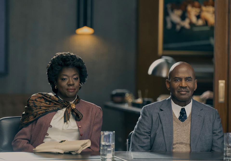 This image released by Amazon Prime Video shows Viola Davis as Deloris Jordan, left, and Julius Tennon as James Jordan in a scene from "Air." (Ana Carballosa/Amazon Prime Video via AP)