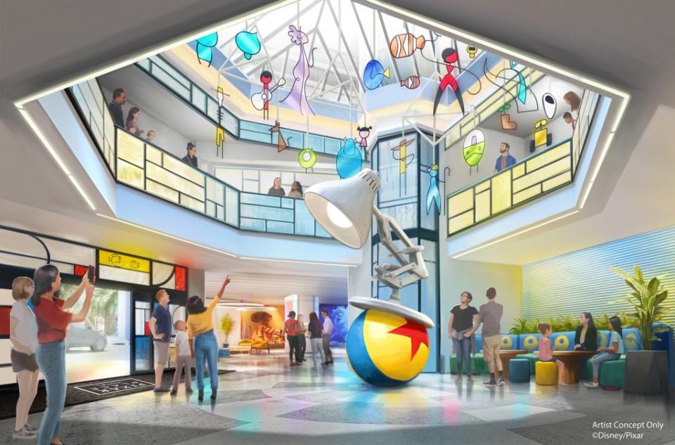 Disney’s Paradise Pier Hotel is being transformed into Pixar Place Hotel at Disneyland Resort in Anaheim, Calif., and this artist rendering shares a glimpse of the new Pixar Ball and Lamp sculpture and character mobile that will be in the lobby. When the hotel officially transforms into Pixar Place Hotel on Jan. 30, 2024, it will weave the artistry of Pixar into a comfortable, contemporary setting. (Artist Concept/Disneyland Resort)