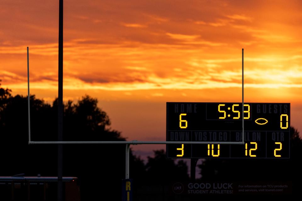 Sunset over Jackson field during the South Bend Adams-South Bend Riley high school football game on Friday, September 02, 2022, at Jackson Field in South Bend, Indiana.