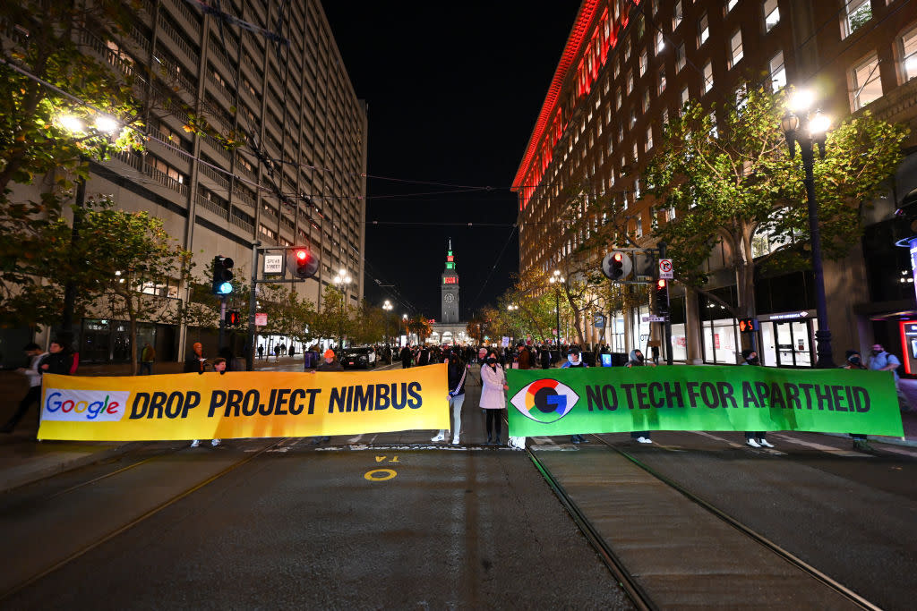 Protestors gather in front of Google's San Francisco offices demanding an end to its work with the Israeli government, on December 14, 2023.<span class="copyright">Tayfun Coskun/Anadolu via Getty Images</span>