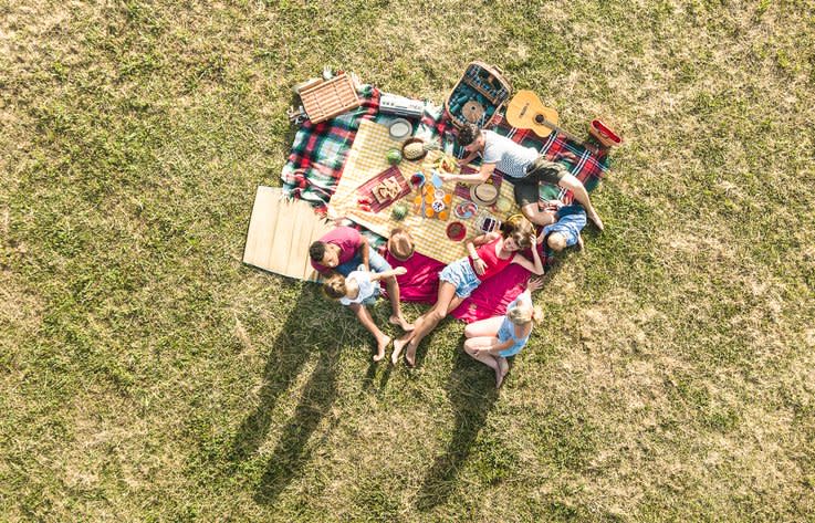 A group of friends sitting on a blanket in the grass and having a picnic.