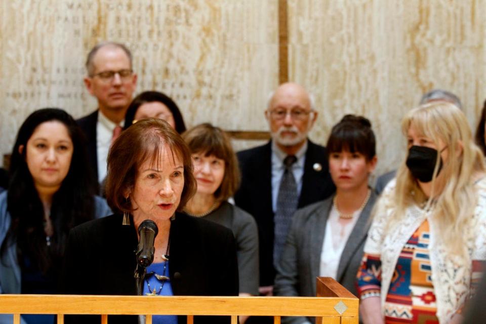 Democratic state Senate President Pro Tempore Mimi Stewart of Albuquerque speaks about stalled efforts to ensure paid family and medical leave at a news conference in the state Capitol building in Santa Fe, N.M., on Thursday, March 16, 2023.